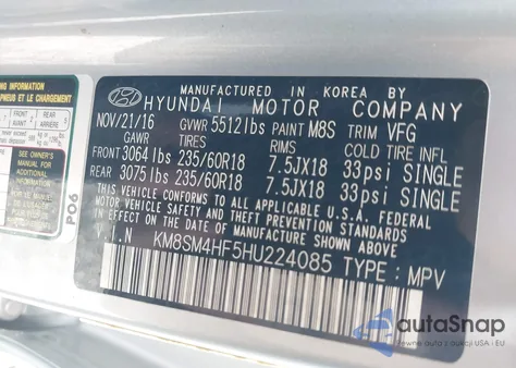 2017 Hyundai Santa Fe Se из США, поврежденный, VIN KM8SM4HF5HU224085